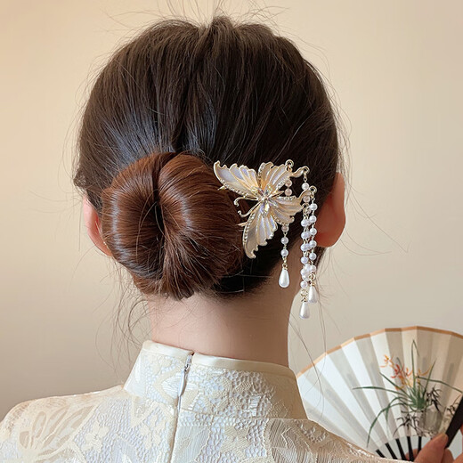 Nianfu New Chinese Style Butterfly Pearl Hairpin for Women Ancient Style Tassel Temperament U-shaped Hairpin Mid-Autumn Festival Gift for Girls White Butterfly Two-Tooth Hairpin
