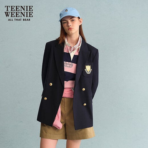 Teenie Weenie Bear Women's Blazer Autumn Retro College Temperament Double-breasted Suit Navy XS