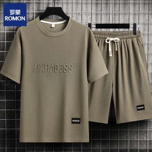 
ROMON men's summer suit teenager short-sleeved T-shirt thin ice silk two-piece set casual sportswear five-point short pants suit - TZ829 khaki [top + pants] XL Recommended 130-145 Jin [Jin equals 0.5 kg]