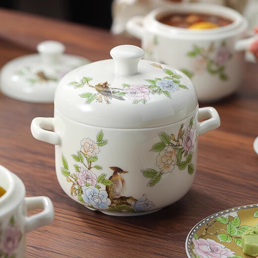 Lowe Jingdezhen bone china double-eared pure white bowl bird's nest and sea cucumber water-proof stew pot earthenware pot ceramic steamed egg bowl with lid for home use Qinse and Ming medium stew pot (550ml)