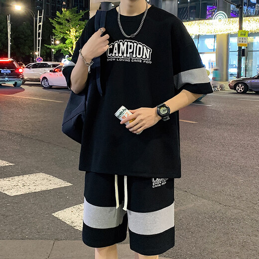 Boys Summer Short Sleeve Two-Piece Fat Boys 13-16 Years Old Loose Sports Set 14 Children's Clothes FKS653 Khaki Set 170 (XL) 125-150Jin [Jin equals 0.5 kg]