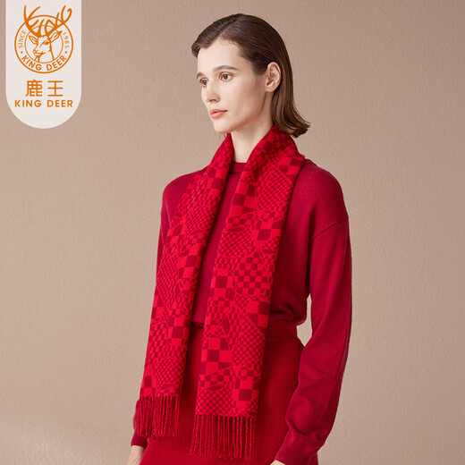 鹿王（KING DEER）100%羊绒围巾女秋冬季保暖女士围巾围脖礼盒装  大红深红