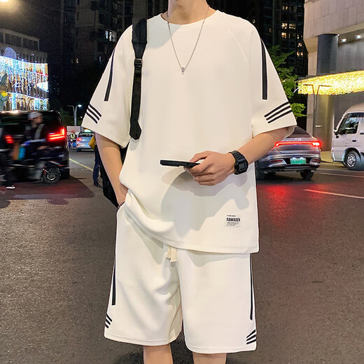 Boys Summer Short Sleeve Two-Piece Fat Boys 13-16 Years Old Loose Sports Set 14 Children's Clothes FKS653 Khaki Set 170 (XL) 125-150Jin [Jin equals 0.5 kg]