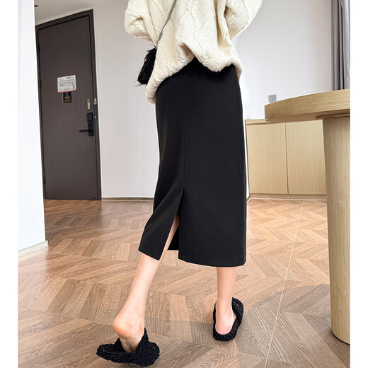 Ono Qitian Gray Woolen Skirt Women's Spring and Autumn 2025 New Mid-Length Straight Slit A-Line Hip Skirt Dark Gray Regular L