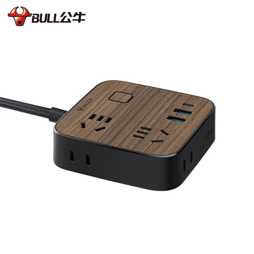 Bull (BULL) wood grain power strip, decorative power strip, power strip, power strip, porous home office creative drag strip socket, porous electrical power strip, ultra-thin plug, computer power strip, 1.8 meters in total length, 30WPD fast charge, 4-digit master control with USB, official authentic retro imitation wood grain decorative socket, fire retardant style