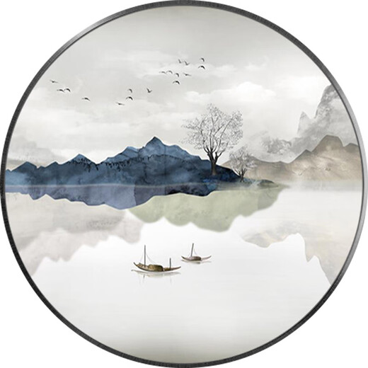 山头林村新中式圆形装饰画客厅玄关灯画山水画茶室禅意挂画水墨画风景壁画 724 直径50cm