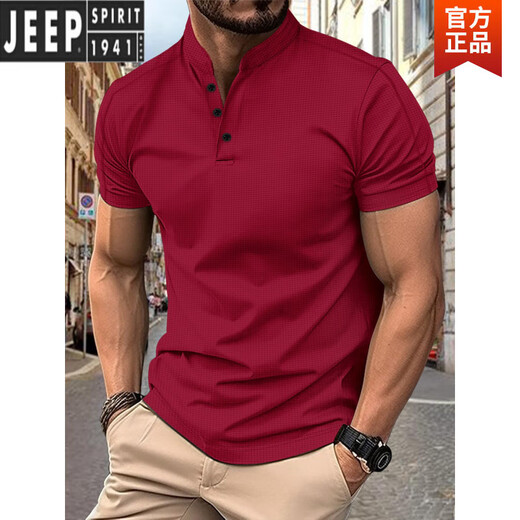 Jeep Spirit Plus Size 300 Jin [Jin equivale a 0.5 kg] Camiseta de manga corta Simple Slim Camiseta Henry Henry Collar Polo Top Botón Mhaki M