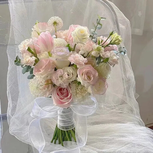 帝兰慕婚礼手捧花新娘手捧结婚出片郁金香领证仿真花拍照道具七夕 粉白系手捧花