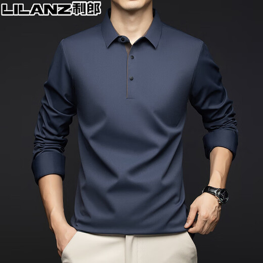 利郎男装长袖t恤春秋新款中青年纯色翻领免烫时尚休闲Polo衫 【1105-纯色领】黑色 L 175