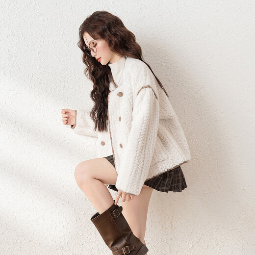 TonLion 2023 Imitation Lamb Wool Jacket Women's Short Round Neck Small Fragrance Top Off-White/Second Batch S