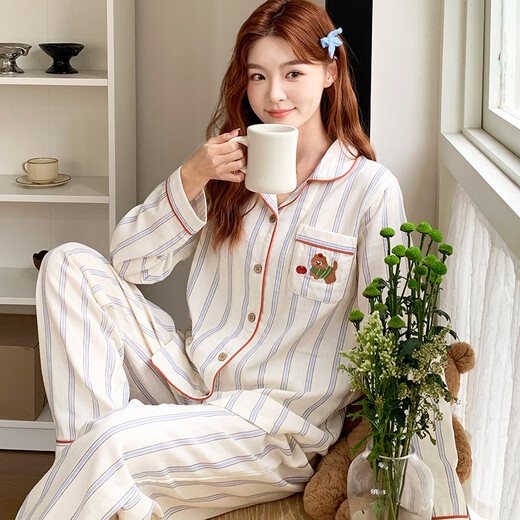 Miandao couple pajamas spring and summer pure cotton gauze long-sleeved suit simple striped men and women can wear outside home clothes yellow strip (women's style) L