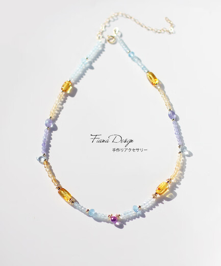 Li Shen's original design of natural amber, amethyst, aquamarine, tanzanite, American 14K gold choker beaded necklace, a customized adjustable necklace