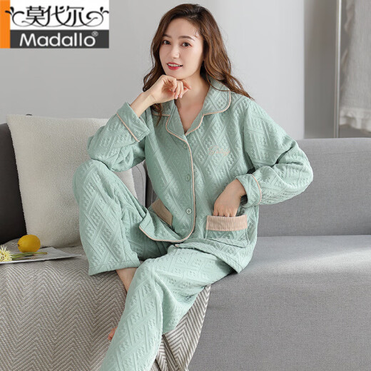 莫代尔睡衣女春秋空气夹层加厚长袖纯棉开衫薄夹棉女式家居服套装 XP4839 XL