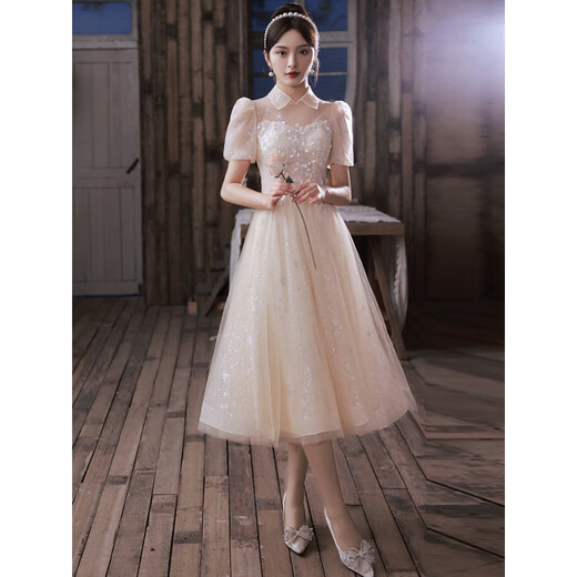 Zhufan music student art examination dress piano performance fairy evening girl vocal banquet adult ceremony dignified and elegant middle school student champagne color long sleeves mid-length zipper style S