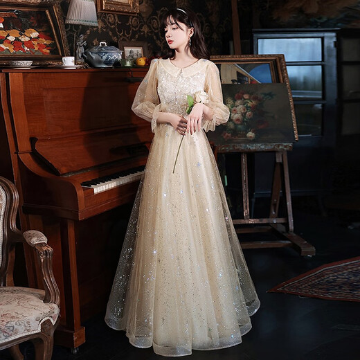 Zhufan music student art examination dress piano performance fairy evening girl vocal banquet adult ceremony dignified and elegant middle school student champagne color long sleeves mid-length zipper style S