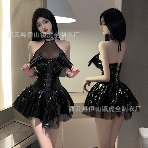 鲜橙亮面PU挂脖绑带蝙蝠小恶魔透视短裙套装PU挂脖绑带9889 黑 M
