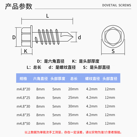 铂特体  彩锌外六角自攻螺丝钉子垫片螺钉燕尾螺丝 m4.8*35（200只）