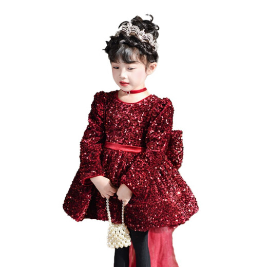 刘潮布早春公主礼服加绒长袖女小童秋冬爆闪亮片裙女宝秋季裙重工女孩生 米色裙春款（拖尾） 100 cm