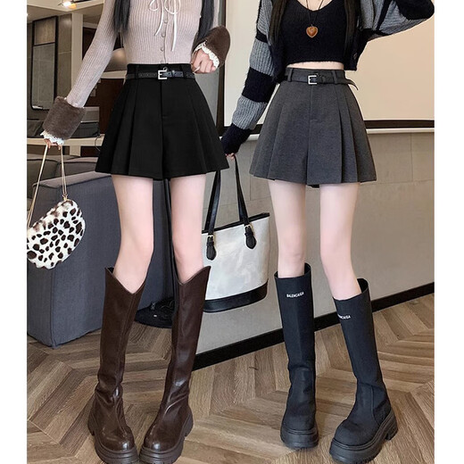 Hao'e black pleated woolen shorts for women in spring and autumn, versatile boot pants, high waisted, a-line, wide-leg casual pants, slimming, black without belt, L recommended 110-120 Jin Jin equals 0.5 kg