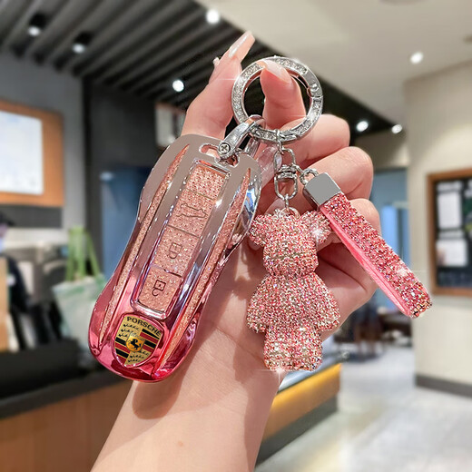 POP Porsche key cover Cayenne Panamera macan Maca 911 car Pami 922 buckle shell 718 female Taycan A model gradient crystal powder silver head violent bear