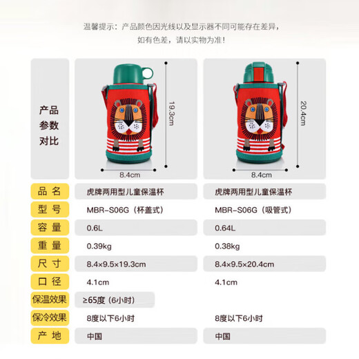 Tiger brand (TIGER) third generation latest children's little lion thermos cup double cup lid cup MBR straw style 600ML Double Eleven gift
