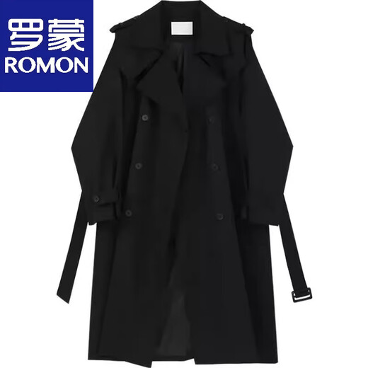 Romon Double Breasted Trench Coat Jacket Men's Spring Autumn and Winter British Style Handsome Coat Mid-Length Cloak Fashionable Black Cotton Thickened XL 136-155