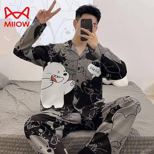 Cat Man (Miiow) Pajamás de algodón puro Spring y Autumn Adolescente Cartoon Estudiante Cardigan Gran tamaño Manga de manga larga Manga Home Clothing 9902 (Cárdigan de manga larga) M
