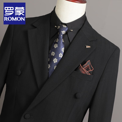 罗蒙（ROMON）高级感双排扣条纹西服套装男商务正装新郎伴郎结婚礼服西装三件套 深棕色【三件套】+衬衫 送领带 52【120-135斤穿】 XL