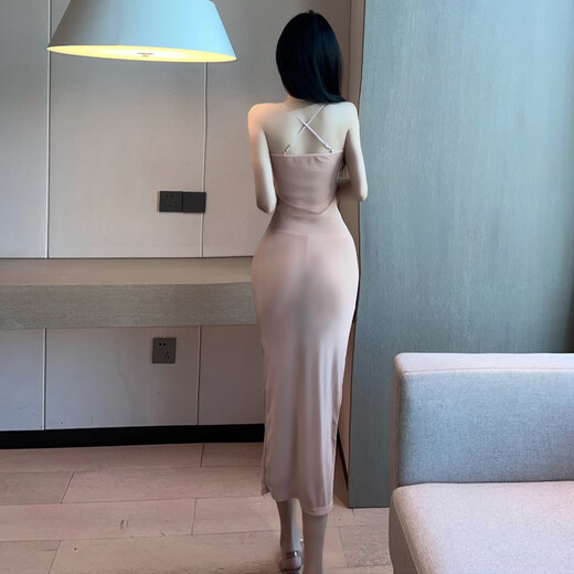 蝶霓斯夜店连衣裙性感透明半透明新款约会女装低胸v领网纱透视吊带开叉 黑色 均码 适合80-120斤