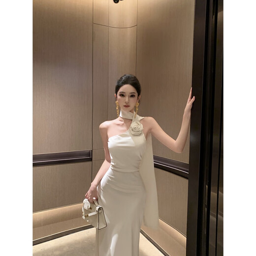 YIOU气质名媛法式缎面飘带晚礼服长裙女高端轻奢包臀挂脖连衣裙6936 香槟色 S
