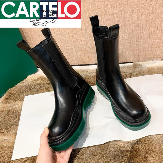 
CARTELO Boots Genuine Leather Green Sole Martin Boots Women's British Style Mid-Card Slim Chin Boots Thick Sole Chelsea Short Boots Green Sole Mid-Card (Perry) 37