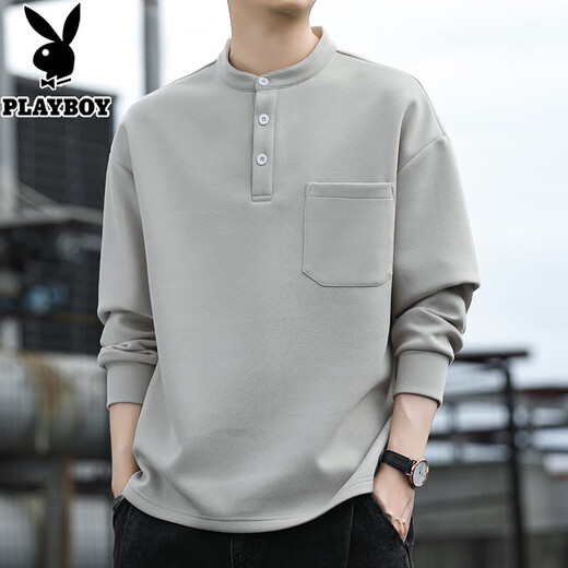 Playboy long-sleeved T-shirt men's sweatshirt spring and autumn American retro Henry collar loose trendy bottoming shirt top 24415 gray 3XL