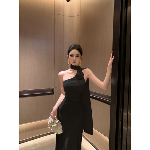 YIOU气质名媛法式缎面飘带晚礼服长裙女高端轻奢包臀挂脖连衣裙6936 香槟色 S