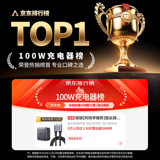 绿联氮化镓充电器套装100W适用苹果16华为Mate70手机pd65W笔记本电脑MacbookPro多口Type-C快充头配线