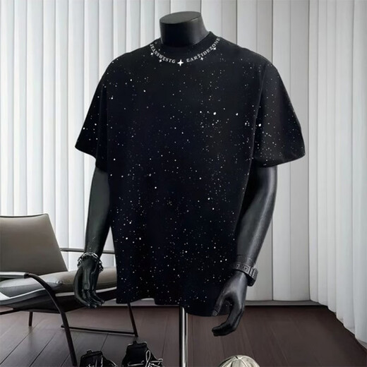 Jinrenchu 2025 Été Nouveau American Star T-shirt lourd à manches courtes Ins Ins Round Round Col Top polyvalent M7 Black à manches courtes 733 S