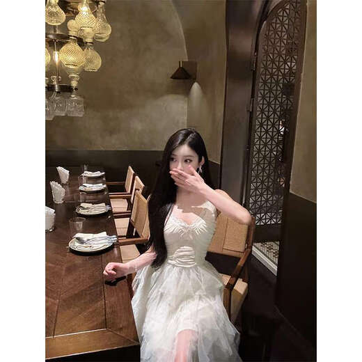 闪动少女（SHANDONGSHAONV）法式吊带连衣裙女感气质名媛生日party小礼裙网纱拖尾公主裙 咖色吊带连衣裙(版) M