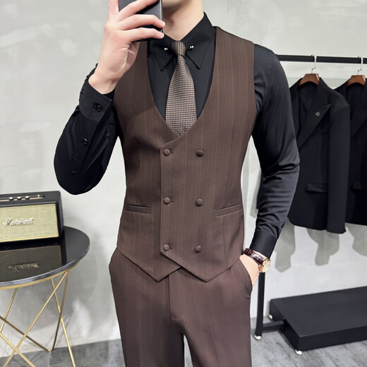 Jessons Herren-Doppelbrust gestreifter Anzug Bräutigam Hochzeitskleider Business Casual Work Work-Interview Anzug Dreiköpfig dunkelblau (Anzug + Hemd + Weste + Hose) 5xl (175-190jin [Jin gleich 0,5 kg])