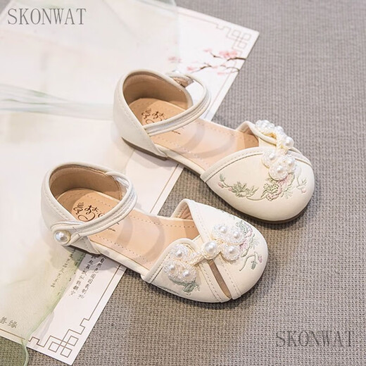 SKONWAT女童汉服鞋夏季国风鞋春秋儿童配马面裙鞋子中式绣花鞋古风童鞋 米色 33码内长20.6cm