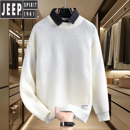 JEEP SPIRIT假两件毛衣男秋冬季2024新款套头线衣服加厚保暖衬衫领打底针织衫 M9905咖啡色 (约90~110斤可穿) M