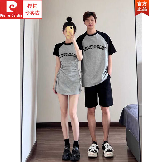 皮尔卡丹（pierre cardin）2件套情侣装一裙一衣夏季2025新款高端感套装七夕短袖t恤情人节礼 691女裙+男T恤(灰蝴蝶款) 2XL 男M+女