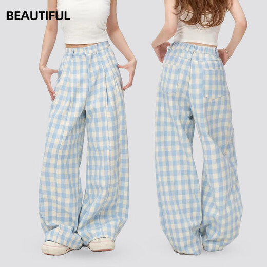 
Pitt Pitt Girls Wide Legs Ice Wire 2025 Summer New Blue Plaid Pants Children's Girls Pants Summer Clothing Casual Straight 15307 Blue + 15265 Green [Two Packs] 130 cm