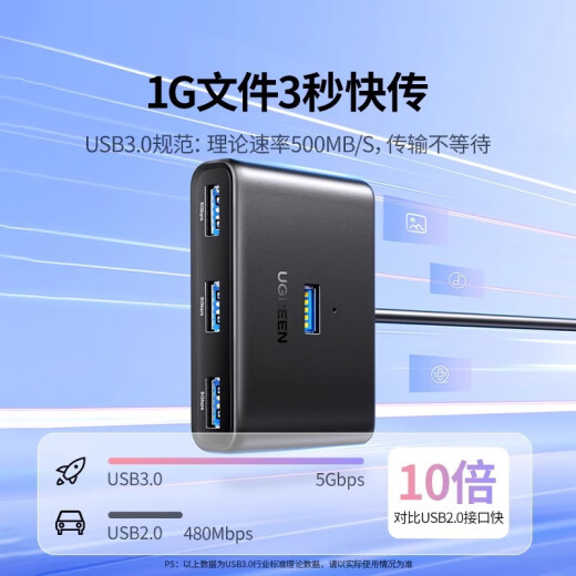 绿联（UGREEN）绿联USB30四口扩展器台式电脑多功能HUB 黑-0.5米(15696)