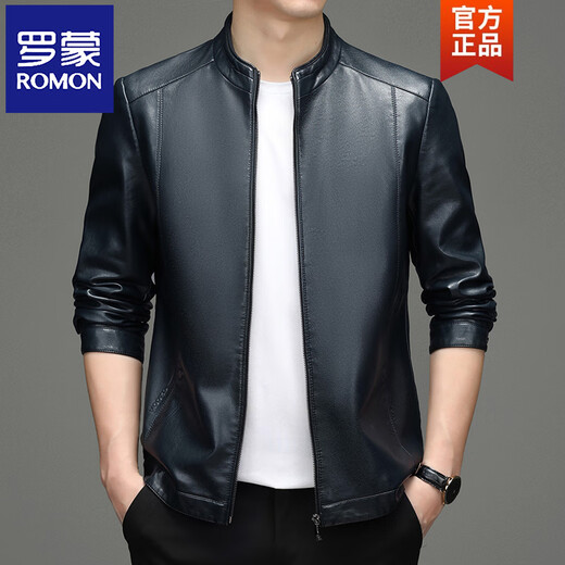 ROMON Haining Genuine Leather Jacket Men's Autumn and Winter Plus Velvet Sheep Leather Jacket Middle-aged Dad Men's Casual Leather Jacket Black Stand-up Collar Thin L 175 Recommended 120-140 Jin Jin is equal to 0.5 kg