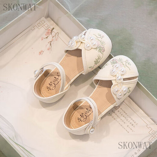 SKONWAT女童汉服鞋夏季国风鞋春秋儿童配马面裙鞋子中式绣花鞋古风童鞋 米色 33码内长20.6cm