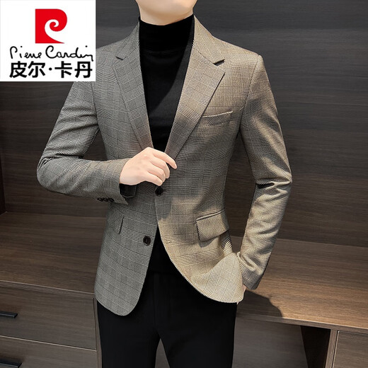 Pierre Cardin (Pierre Cardin) casual small suit jacket for men spring 2025 new top handsome high-end houndstooth suit for men Khaki color recommended 115Jin Jin is equal to 0.5 kg or less M
