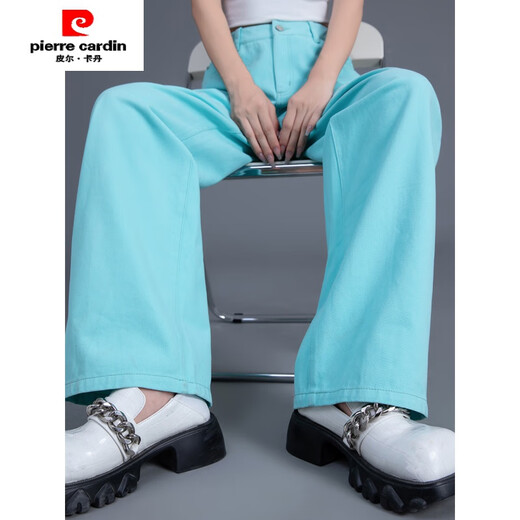 皮尔卡丹（pierre cardin）湖蓝色阔腿裤女2025年夏季薄款新款直筒宽松显瘦窄版拖地牛仔裤子 【湖蓝九分】LA9224 29 建议110-120斤