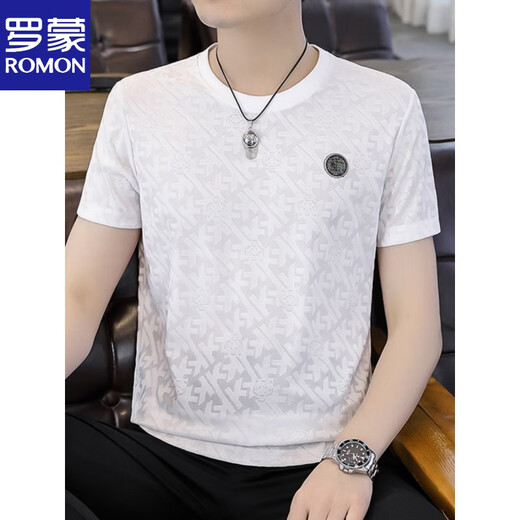 Romon Jacquard T-Shirt Herren Kurzärärmelte Sommer High-End Hot Diamond Ice Seide Rundhals T-Shirt Cooles Silky Halbärmel 698 Weiß L 110-130jin [Jin ist 0,5 kg]