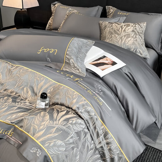 Mercury series high-end Class A 200-count long-staple cotton four-piece set pure cotton simple floral embroidery quilt cover sheet bedding linen Jinzhiyuye-light gray 1.8m bed sheet style suitable for quilt core 200x230