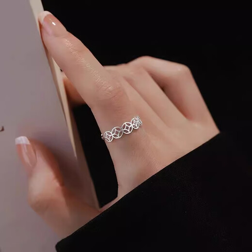Qi Xiaomi 999 Pure Silver Copper Coin Ring Girls Open Ring Vegetarian Ring Index Finger Ring High-end Niche Design Ring for Girlfriend 999 Silver Copper Coin Ring Opening Adjustable