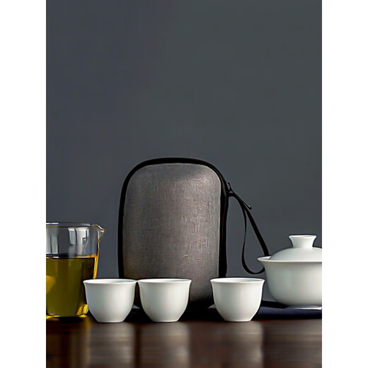 Pupan Kung Fu Cup white porcelain outdoor camping tea set Dehua tea leak tea set travel portable cover reverse buckle cup 3+covered bowl+glass male cup+T gray bag
